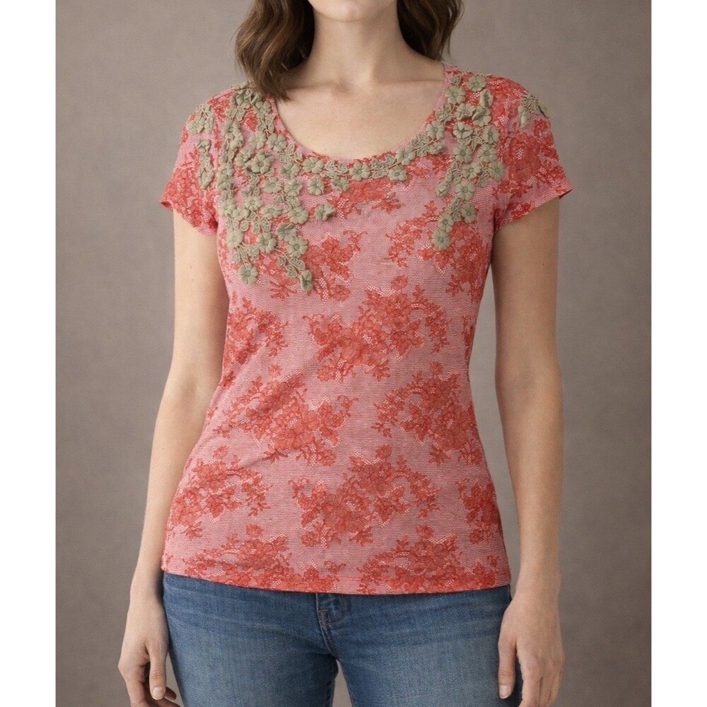 Anthropologie Deletta Women Medium Mesh Top Floral Appliqué Red Pink Romantic